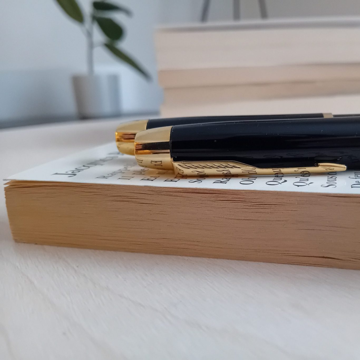 Close-up of two black fountain pens on a closed book 