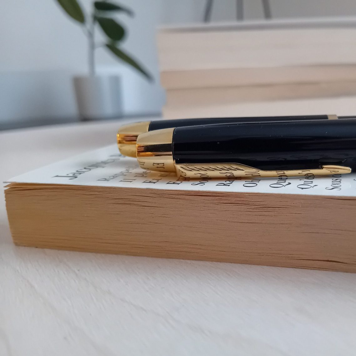 Close-up of two black fountain pens on a closed book. 